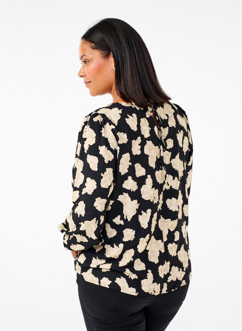 Long-sleeved blouse with print and bows, Black, Model image number 2