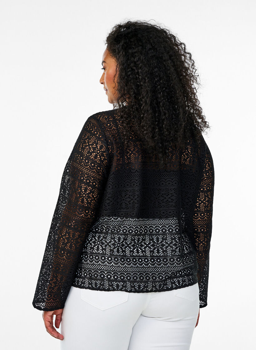 Cardigan with openwork pattern and tie strings, Black, Model image number 2