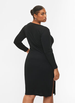 Tight-fitting dress with long sleeves and a slit, Black, Model image number 1