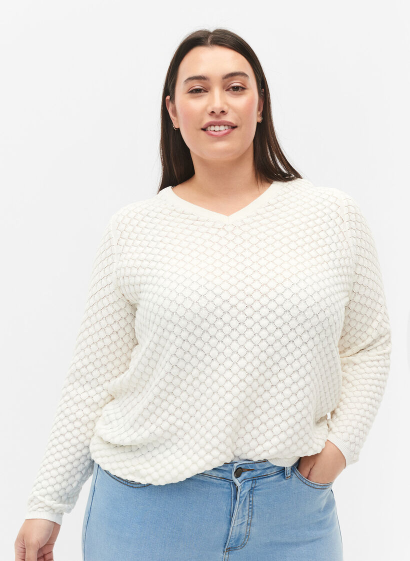 Patterned knitted top with v-neckline, Cloud Dancer, Model image number 0
