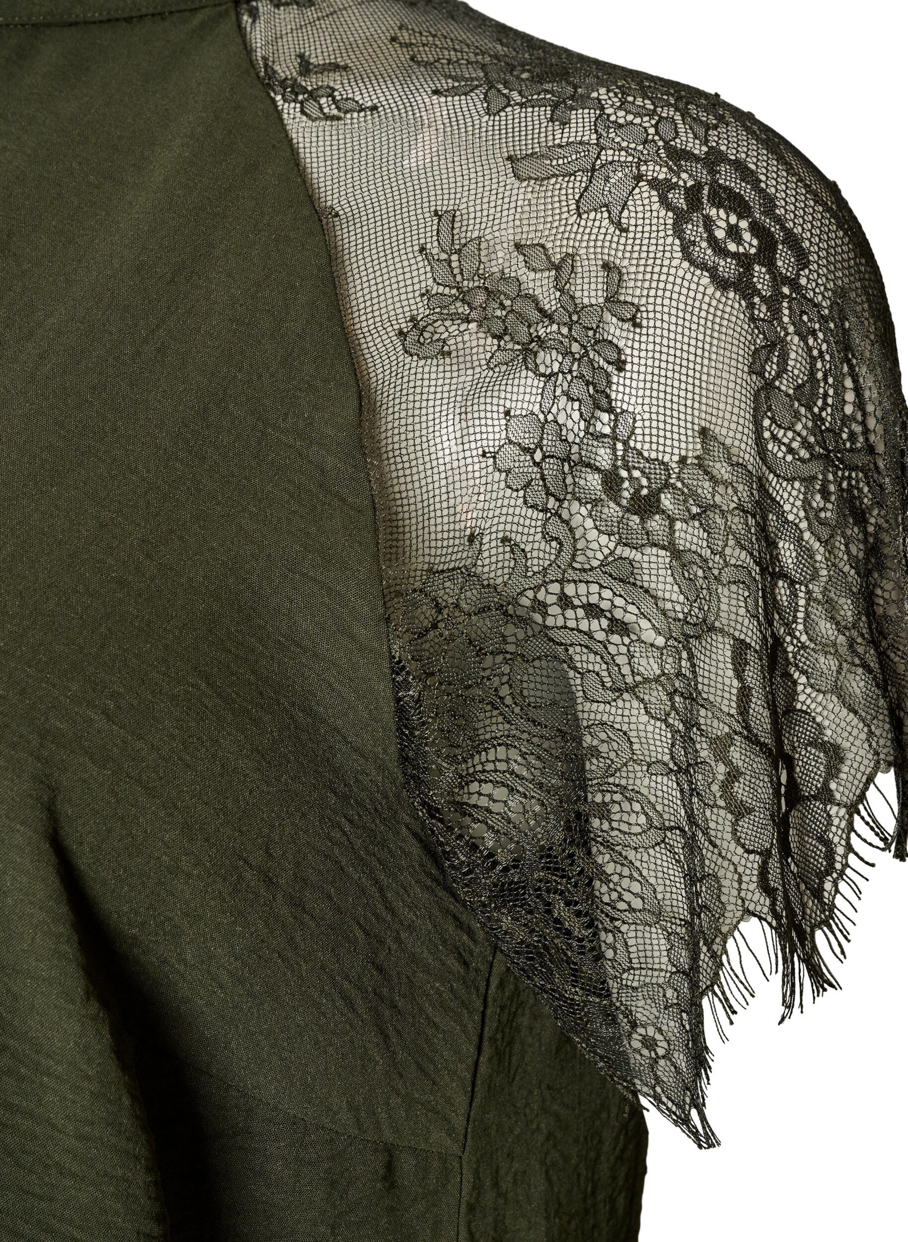 ZizzifashionBlouse with short lace sleeves and high neck, Green, Packshot image number 3
