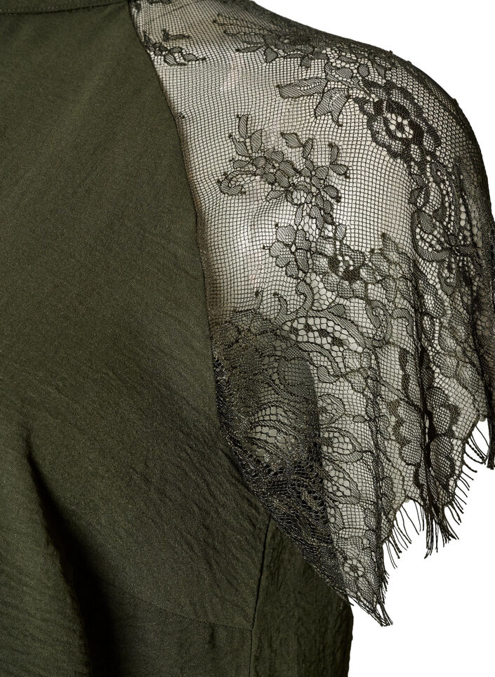Blouse with short lace sleeves and high neck, Green, Packshot image number 3