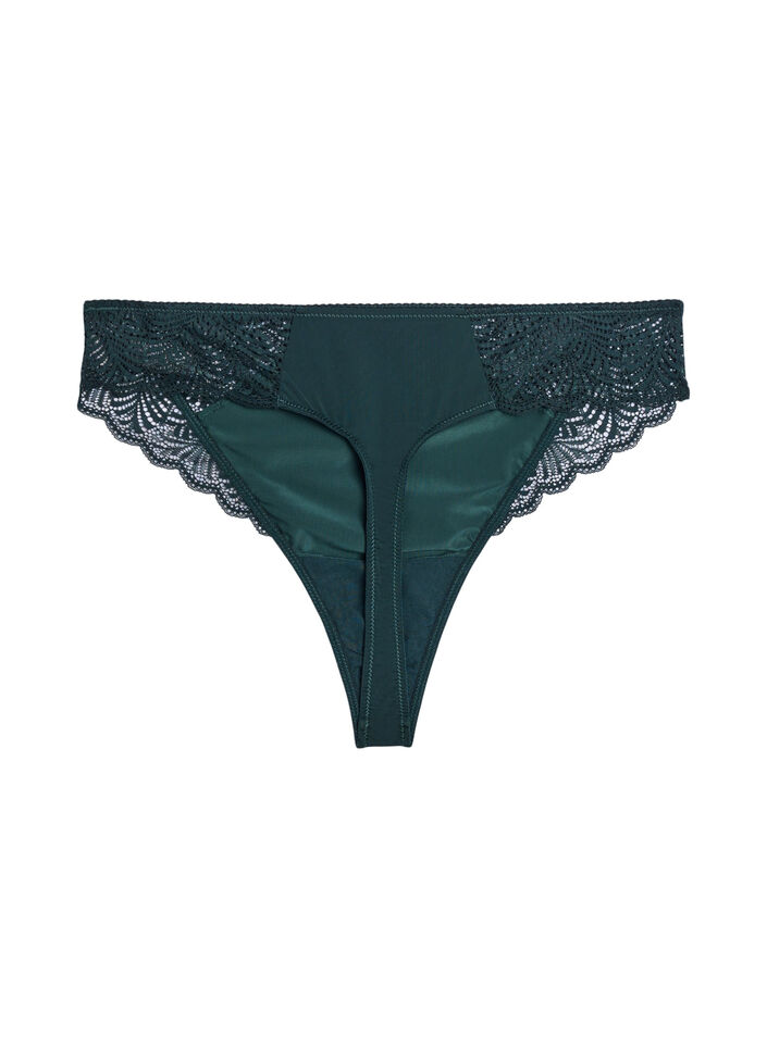 Microfibre thong with lace details, Green, Packshot image number 1