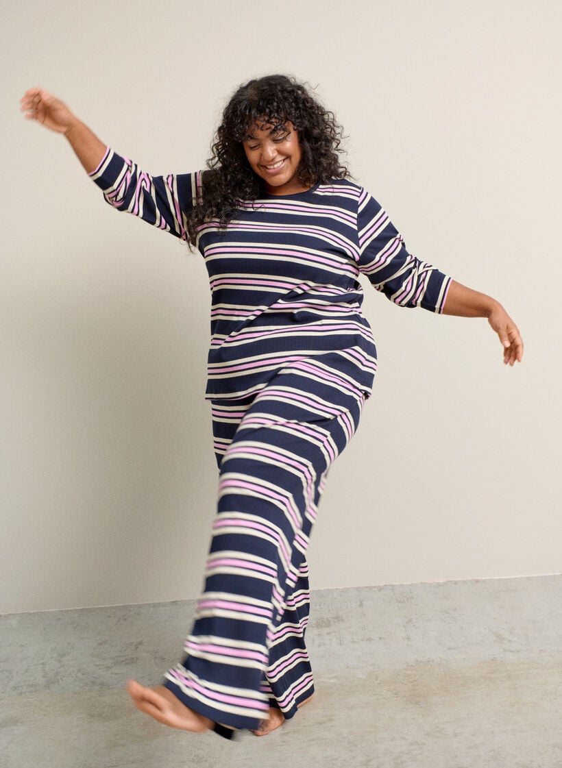 Long-sleeved night top in ribbed jersey with stripes, Blue, Image