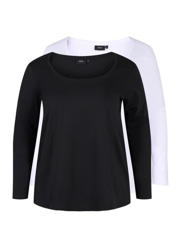 Basic cotton blouse 2-pack, Black/Bright W, Packshot image number 0