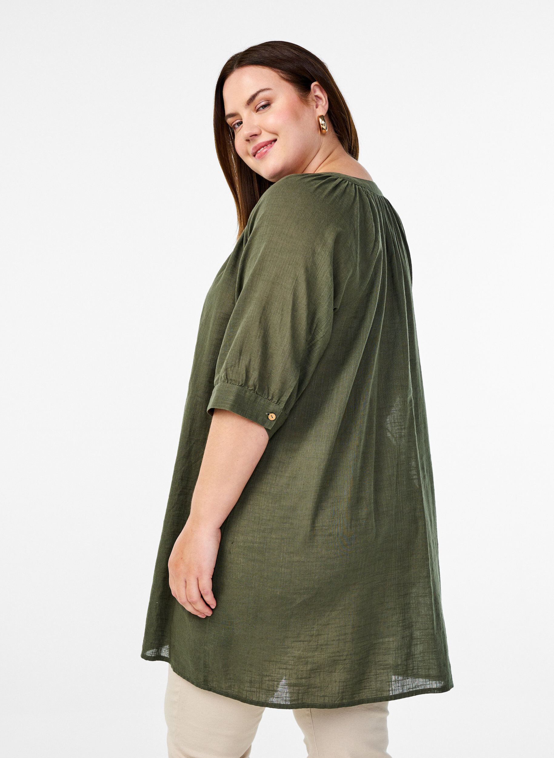 Zizzifashion Cotton tunic with a V-neck, Green, Model image number 2
