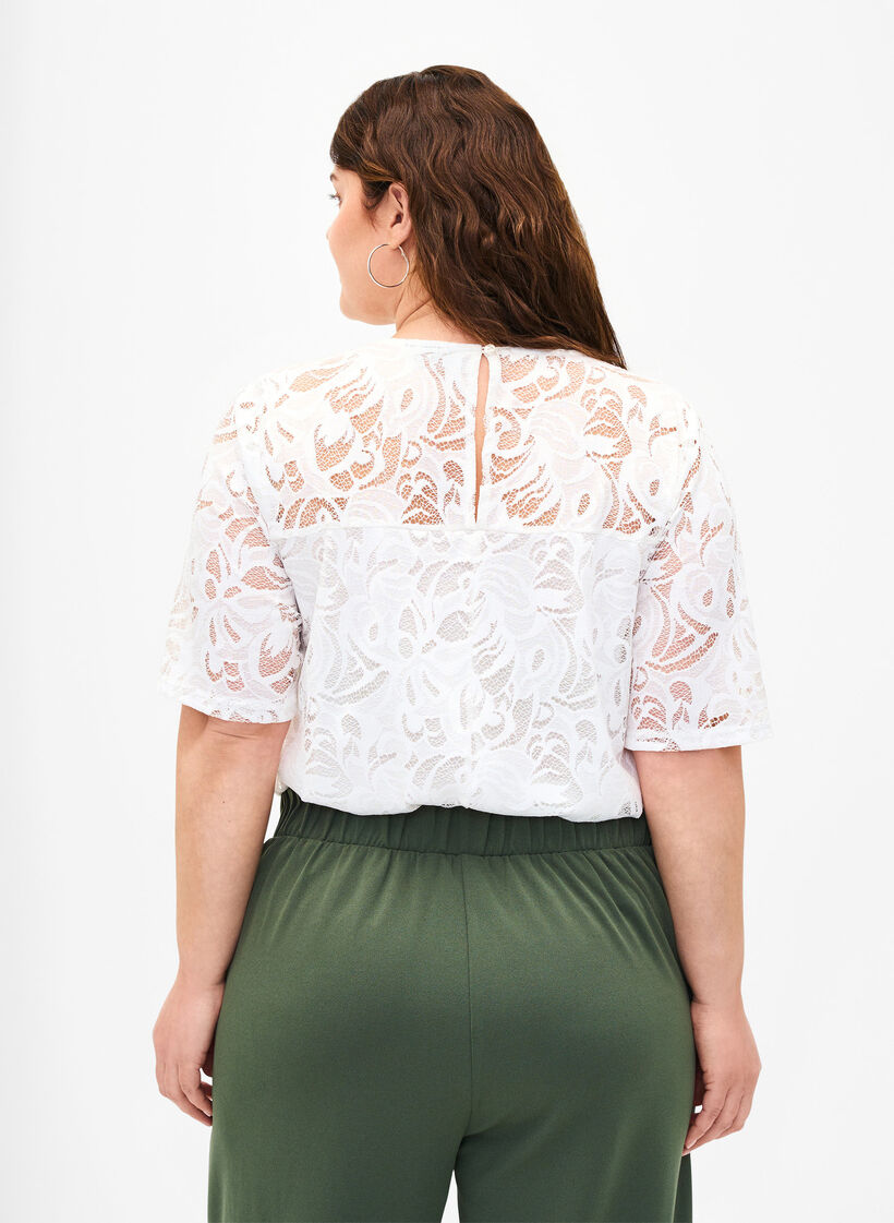 Lace blouse with short sleeves, Bright White, Model image number 1