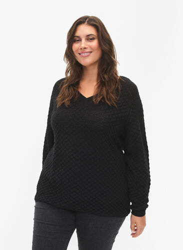 Structure-patterned pullover in organic cotton	, Black, Model image number 0