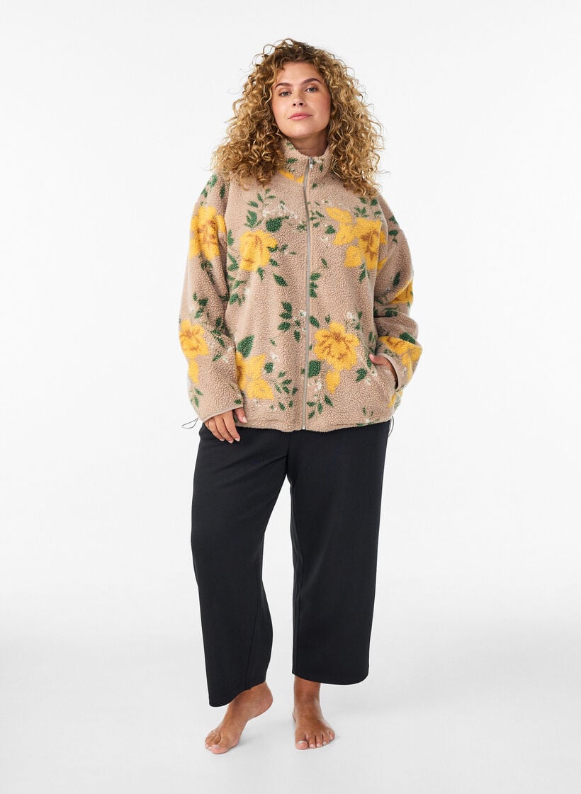 Floral fleece jacket with a high neck and zip, Beige, Model image number 1