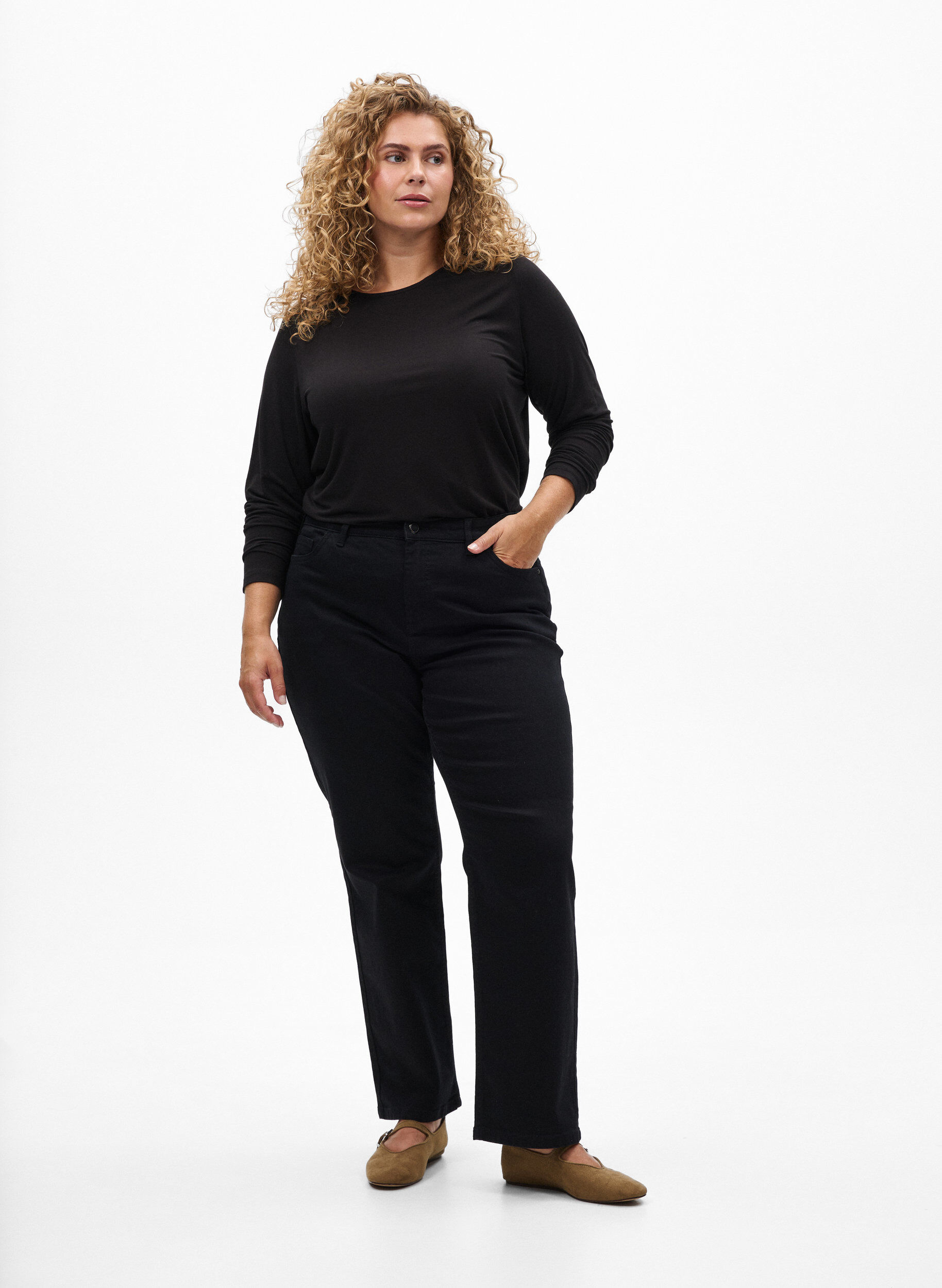 ZizzifashionSolid coloured blouse with long sleeves, Black, Model image number 1