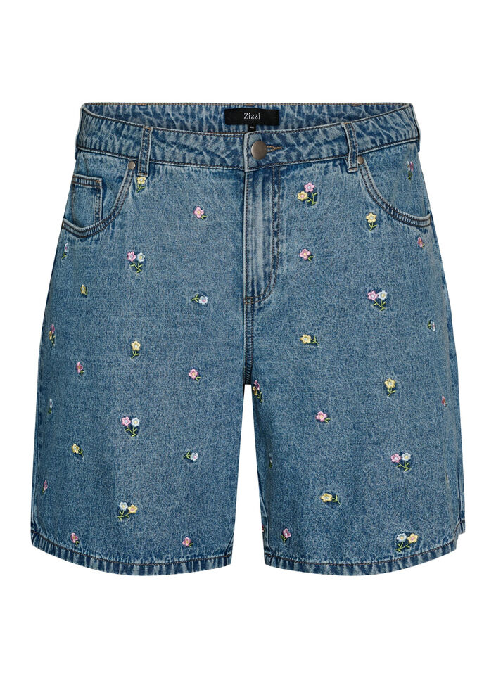 Denim shorts with embroidered flowers, Light Blue, Packshot image number 0