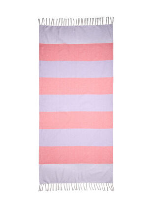 Striped hammam towel with fringes, Pastel Lilac Comb, Packshot image number 2