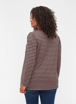 Striped viscose blouse with puff sleeves, Blue Camel Stripe, Model image number 1