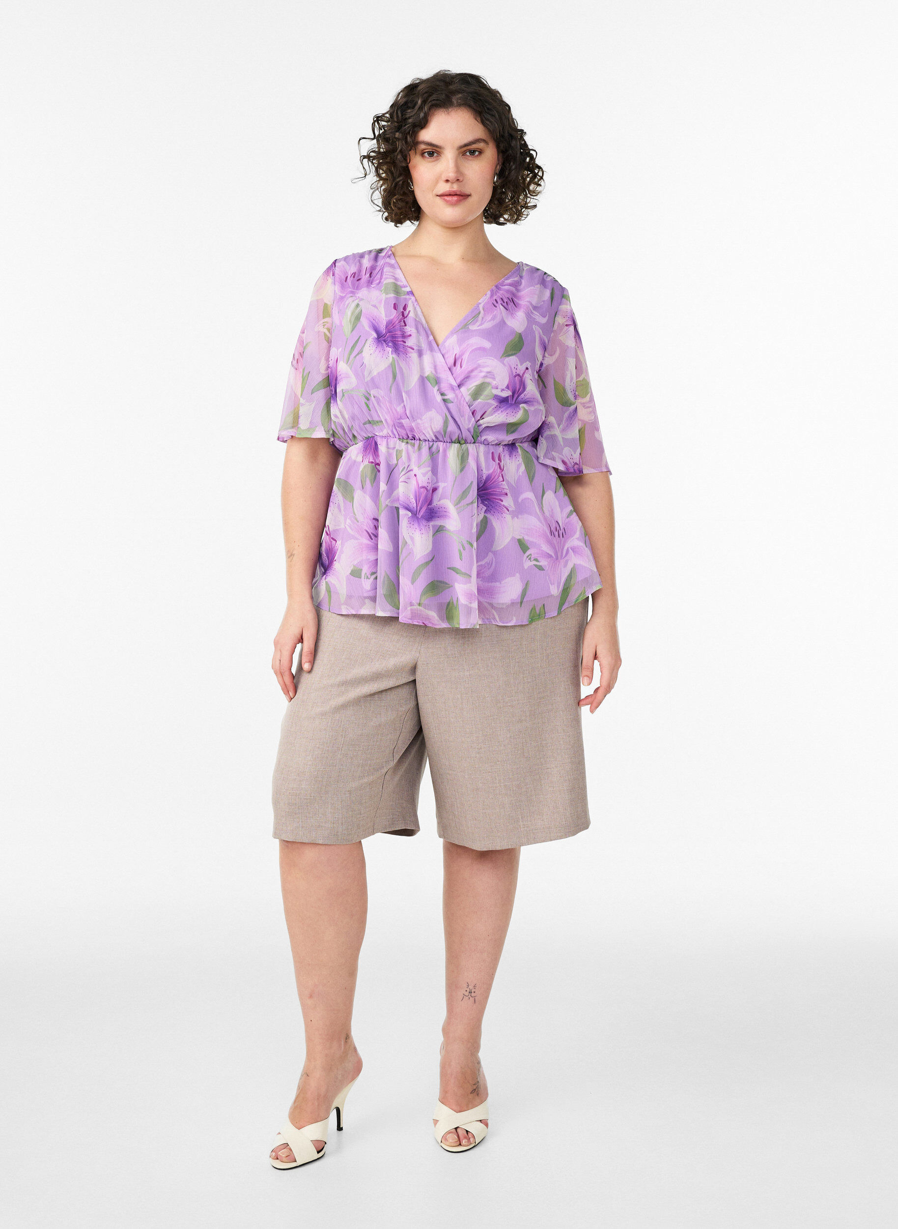 ZizzifashionFloral chiffon blouse with short sleeves, Purple, Model image number 1