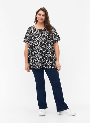 FLASH - Blouse with short sleeves and print, Black White AOP, Model image number 2
