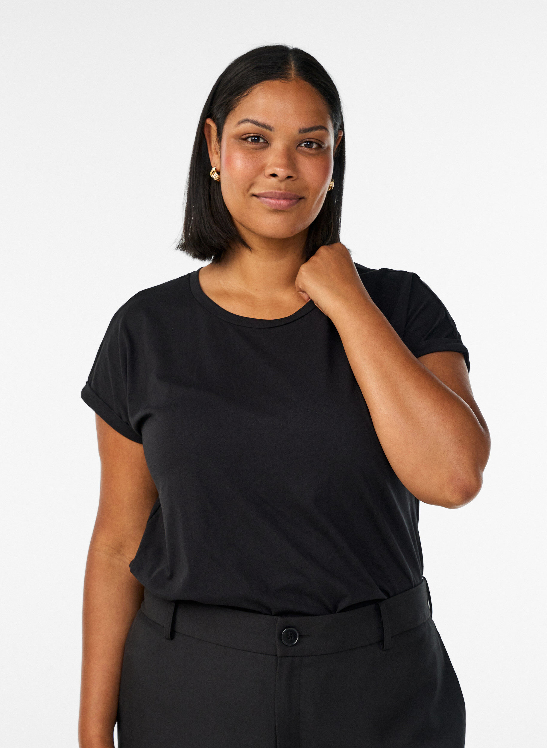 Short sleeved cotton blend t-shirt, Black, Model