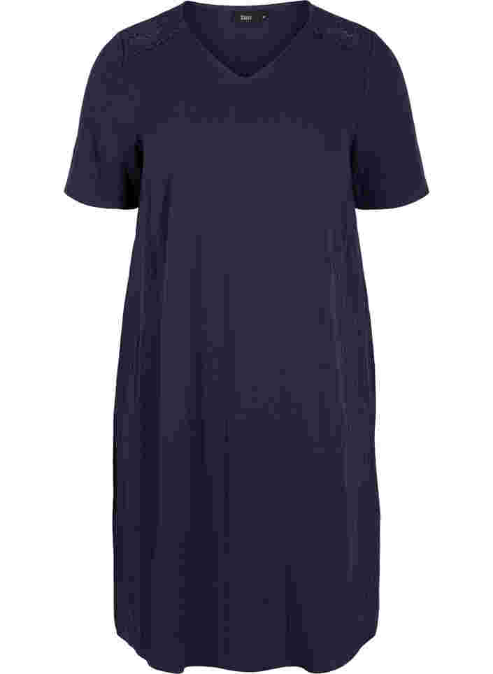 Short-sleeved cotton dress with lace details, Night Sky, Packshot image number 0
