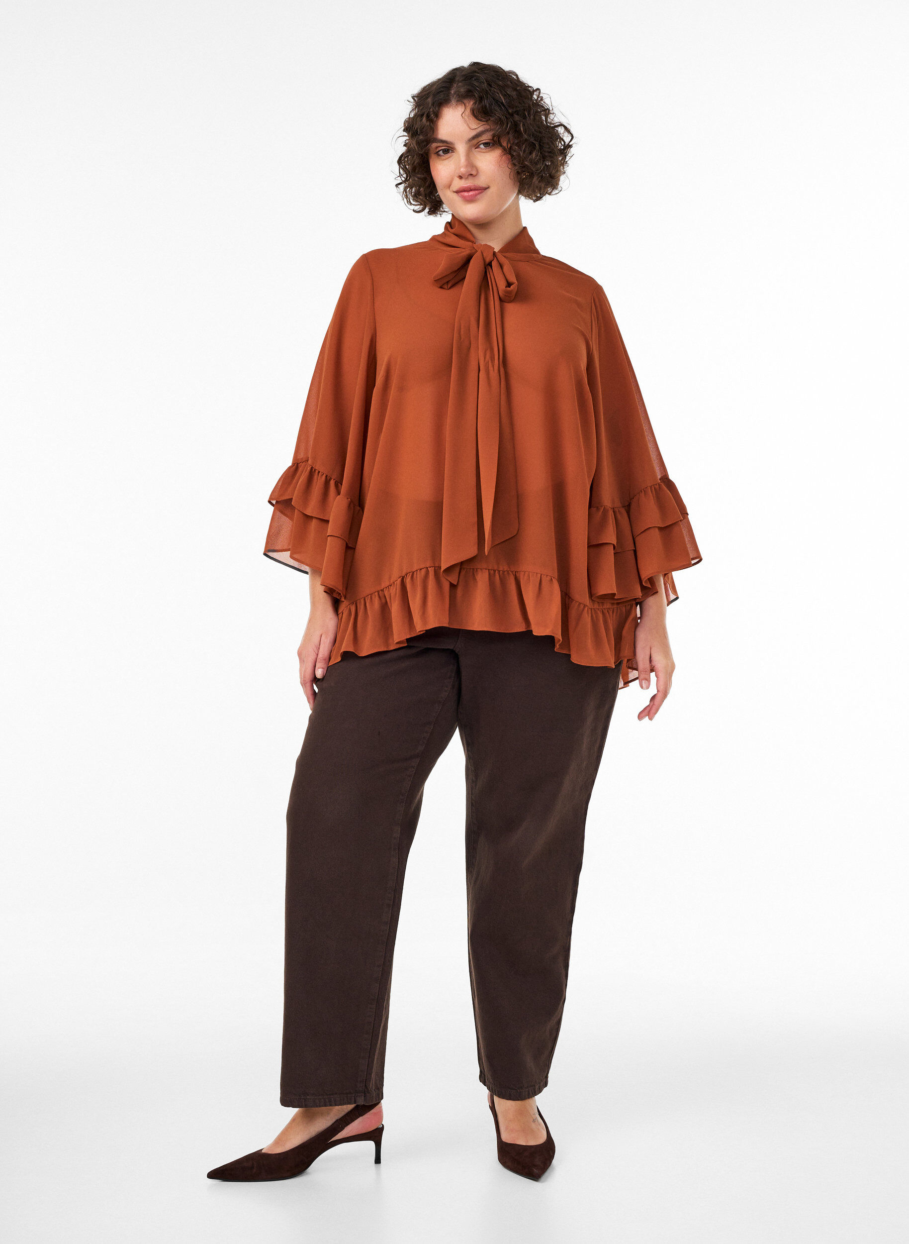 ZizzifashionBlouse with ribbon tie and ruffle details, Brown, Model image number 1
