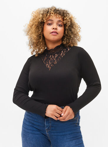 High neck blouse with lace, Black, Model image number 0