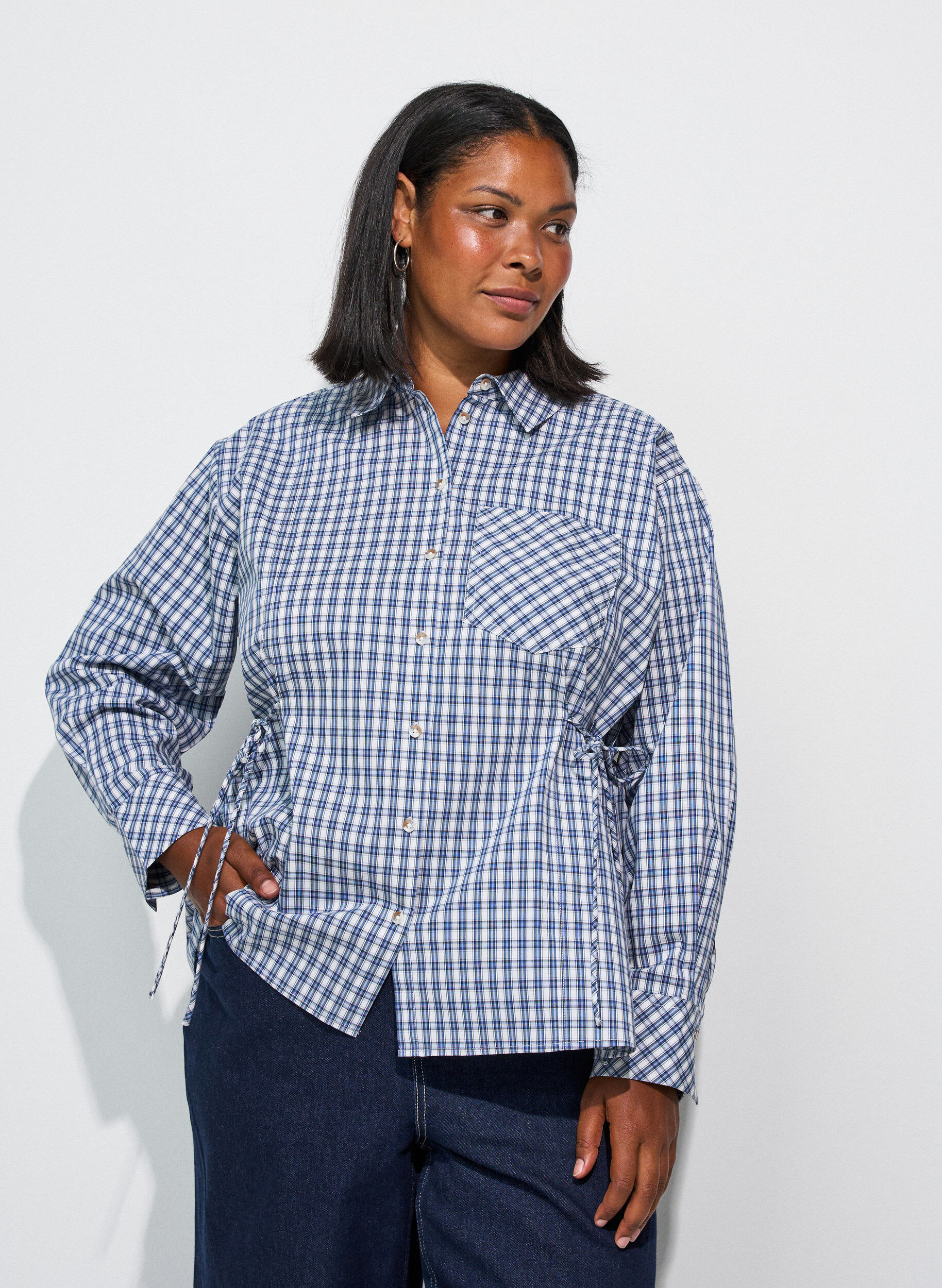 ZizzifashionLoose checked shirt with a tie-belt, Blue, Model image number 3