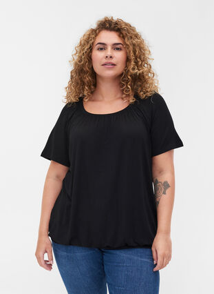 Short-sleeved viscose t-shirt with elastic, Black, Model image number 0