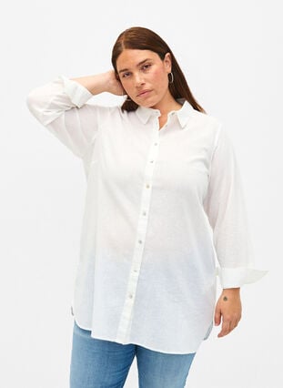 Long shirt in linen and cotton, Bright White, Model image number 0
