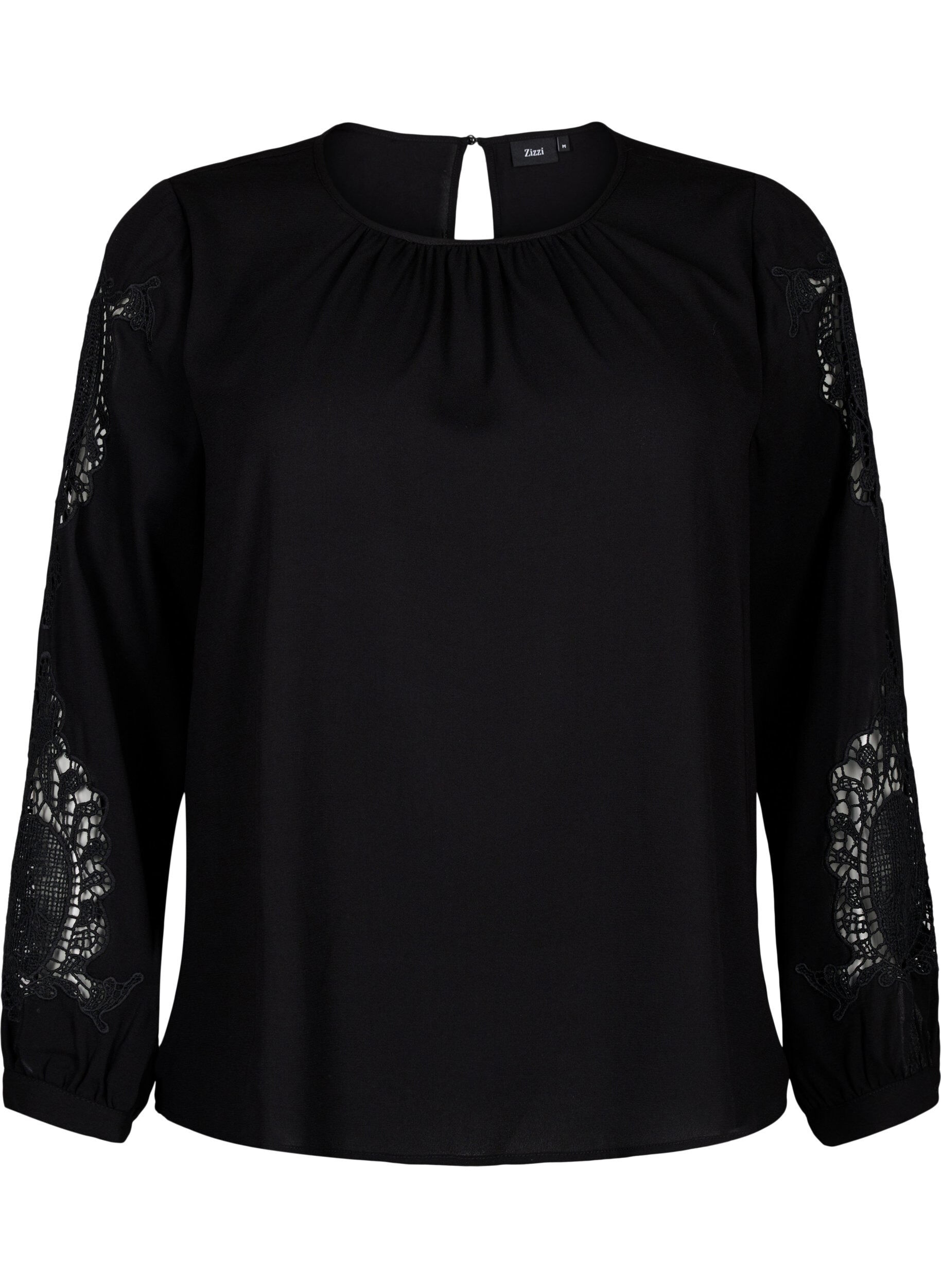 Zizzifashion Long sleeve blouse with crochet details, Black, Packshot image number 0