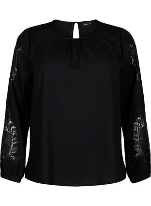 Long sleeve blouse with crochet details, Black, Packshot image number 0
