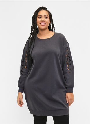 Sweat dress with embroidered details, Dark Grey, Model image number 0