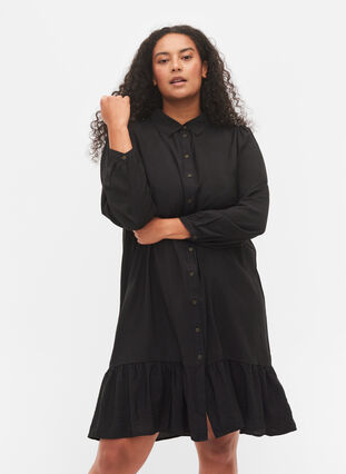 Viscose shirtdress with ruffle edge, Black, Model image number 0