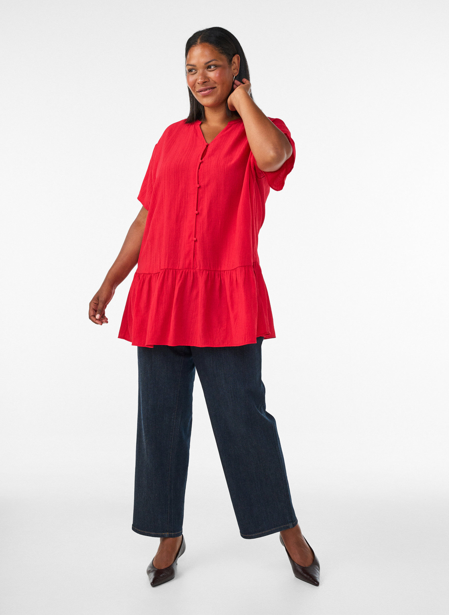 ZizzifashionLoose tunic with crinkled texture and ruffle hem, Red, Model image number 1