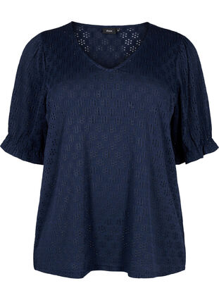 V-neck blouse with hole pattern, Navy Blazer, Packshot image number 0