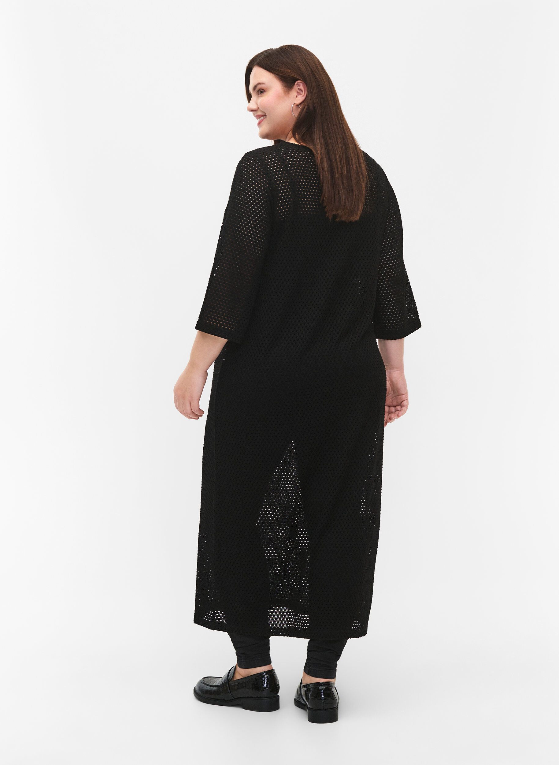 Zizzifashion 3/4 sleeve dress with knitted lace pattern, Black, Model image number 1