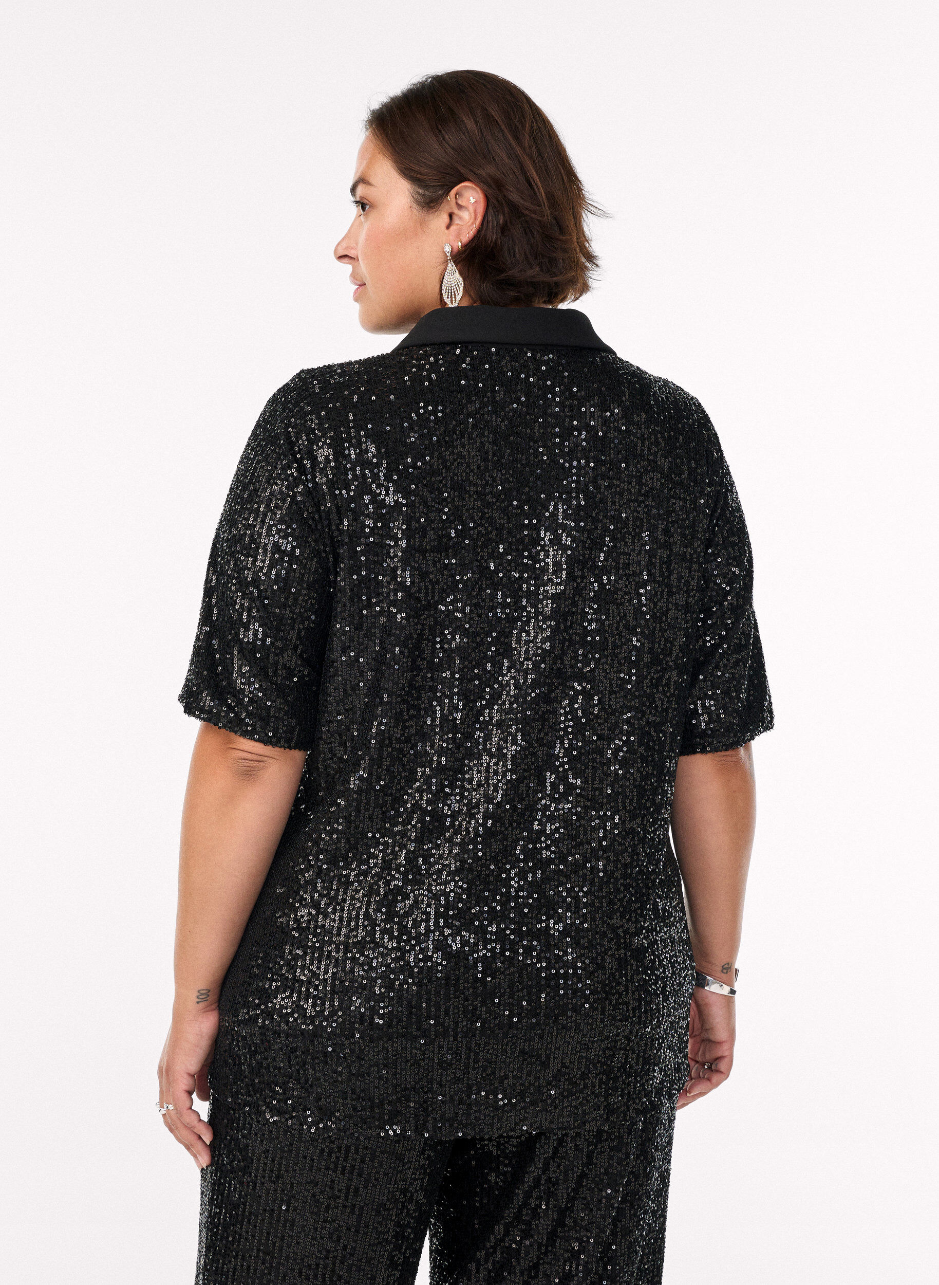Zizzifashion Sequin blouse with polo collar and short sleeves, Black, Model image number 2