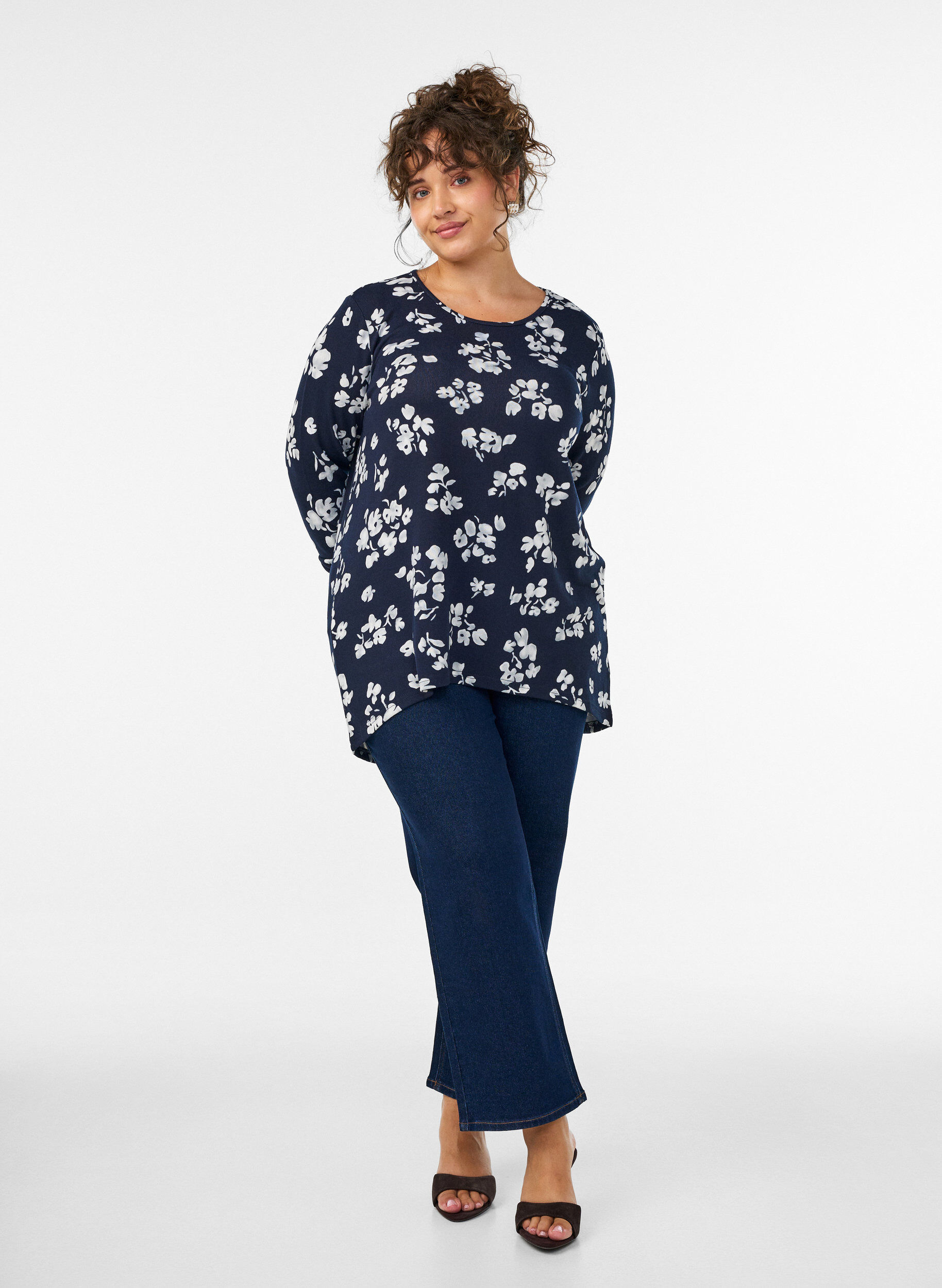 ZizzifashionFloral blouse with long sleeves, Blue, Model image number 1