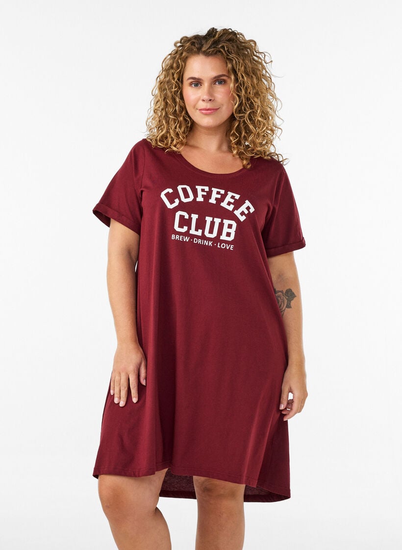 Short-sleeved nightgown in organic cotton, Dark Bordeaux, Model image number 0