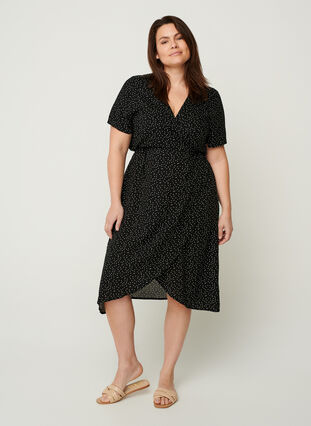 Short-sleeved, dotted wrap dress, Black, Model image number 2