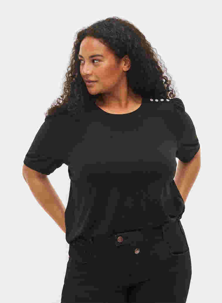 Blouse with short puff sleeves, Black, Model