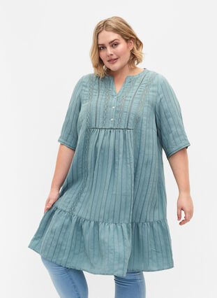 Striped viscose dress with lace ribbons, Smoke Blue, Model image number 0