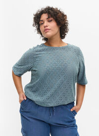 Blouse with Broderie Anglaise and 2/4 Sleeves, Goblin Blue, Model