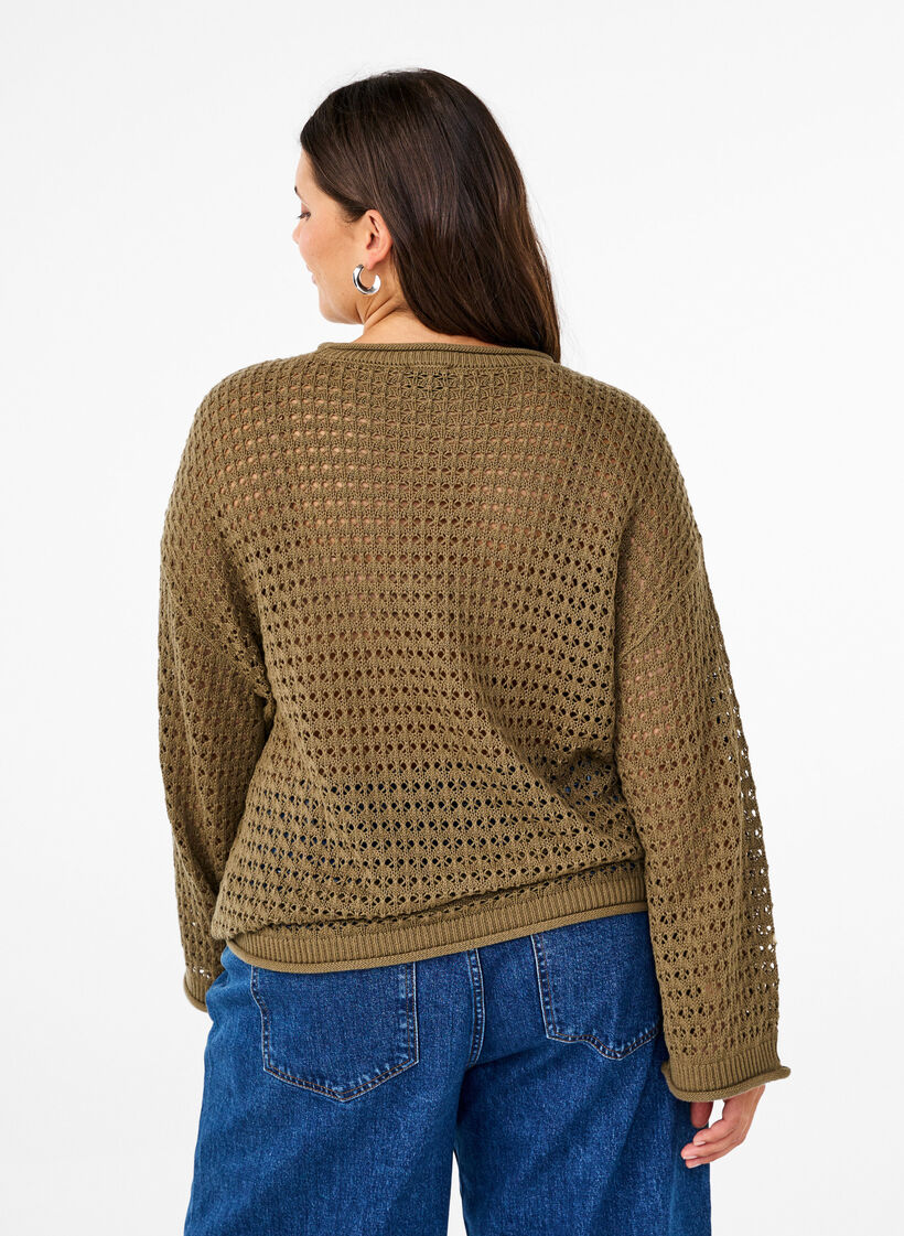 Knitted blouse with hole pattern, Dusky Green, Model image number 1