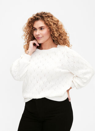 Pullover with hole pattern and boat neck	, Cloud Dancer, Model image number 0