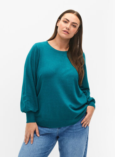 Knitted blouse with viscose and balloon sleeves, Deep Lake Mel., Model image number 0