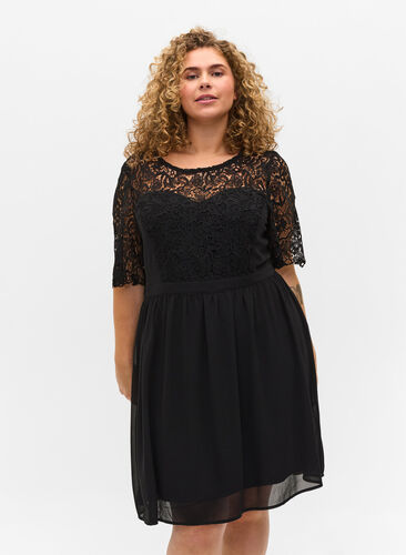 Short Sleeve dress with a lace top, Black, Model image number 0