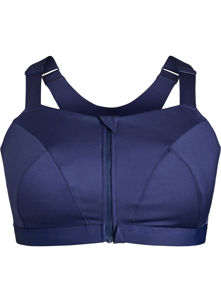 Sports bra with front closure and high support, Blue, Packshot image number 0