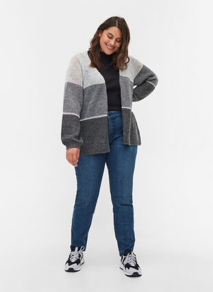 Knit cardigan with stripes and balloon sleeves, Dark Grey Mel Comb, Model image number 2