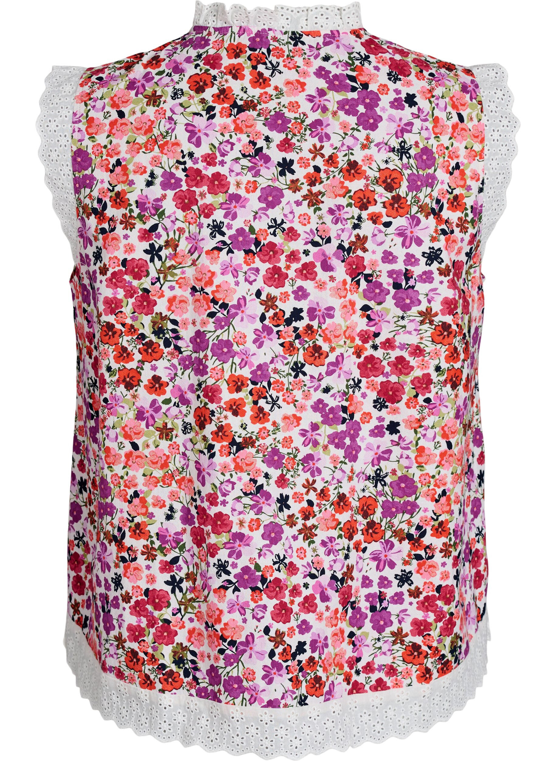 Zizzifashion Sleeveless cotton blouse with floral print and broderie anglaise, Pink, Packshot image number 1