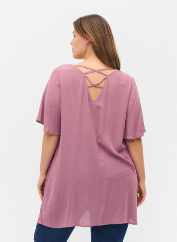 Short-sleeved viscose tunic with lace details, Grape Shake, Model image number 1