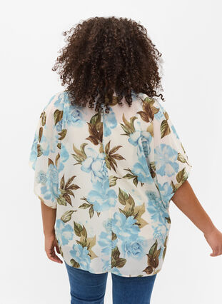 Printed blouse with tie strings and short sleeves, Cloud Dancer Flower , Model image number 1