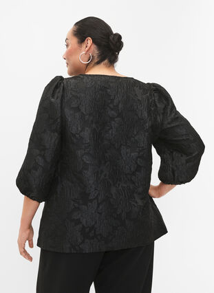 Jacquard blouse with 3/4 sleeves, Black, Model image number 1